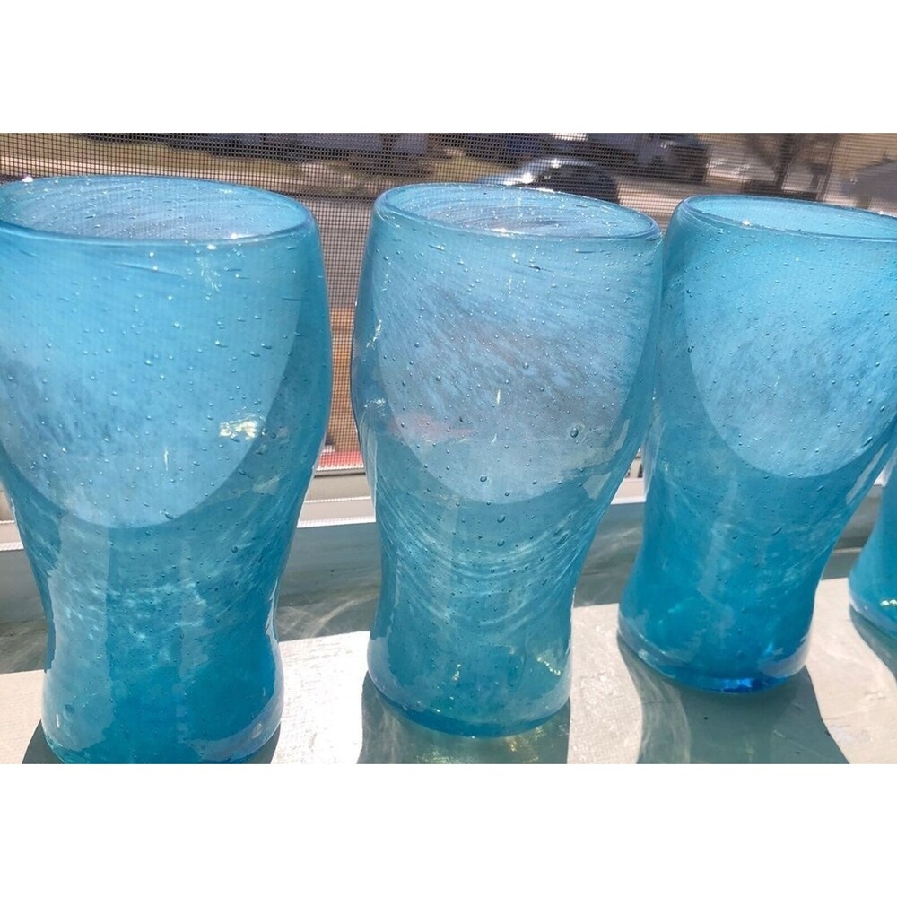 4 Handblown art glass swirl white and Aqua vintage glasses - Picture 9 of 14